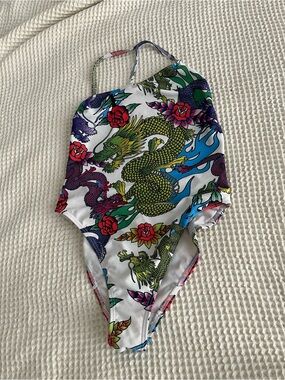 Jaded London White Dragon & Floral One-Piece Swimsuit Size 6